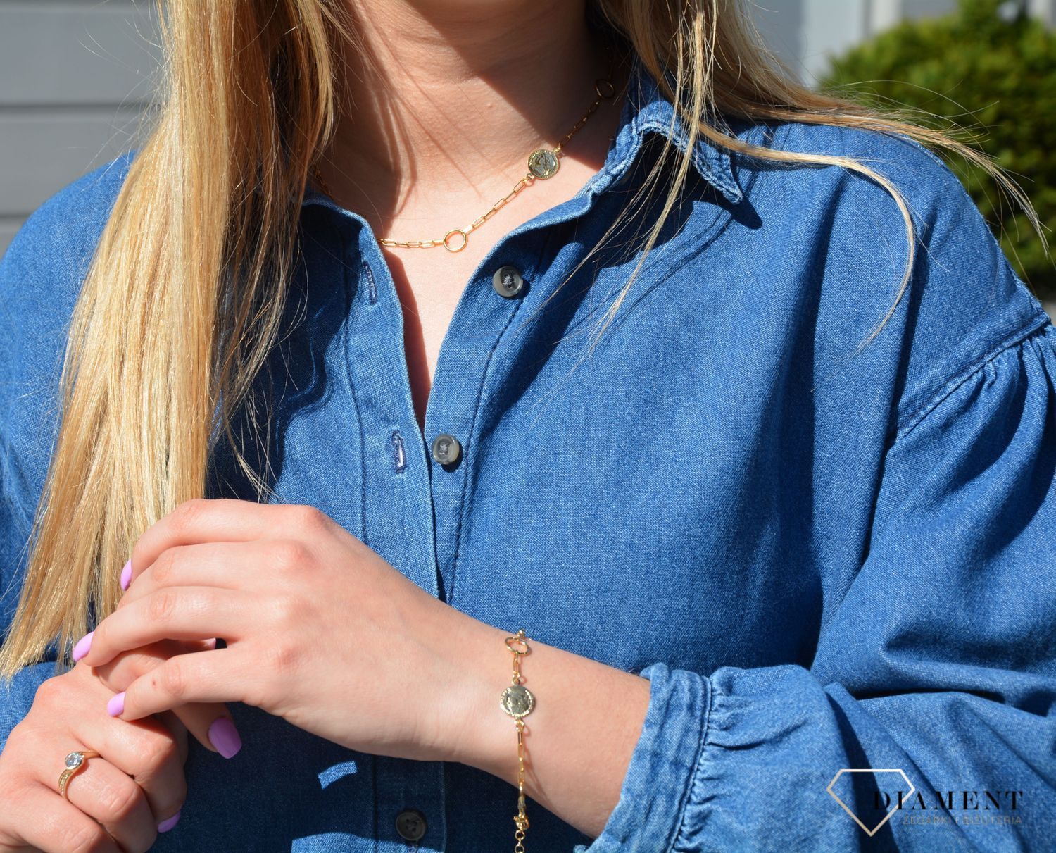 Naszyjnik srebrny pozł. monetki Dall'Acqua. Naszyjnik posiada łańcuszek typu ankier, dodatkowo umieszczono na nim kółeczka i modne monetki które dodają uroku całości naszyjnika..JPG